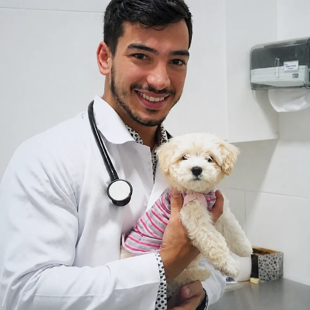 Dr. Jayme L. Troya Jr., veterinário responsável da Troya, com um filhote no colo